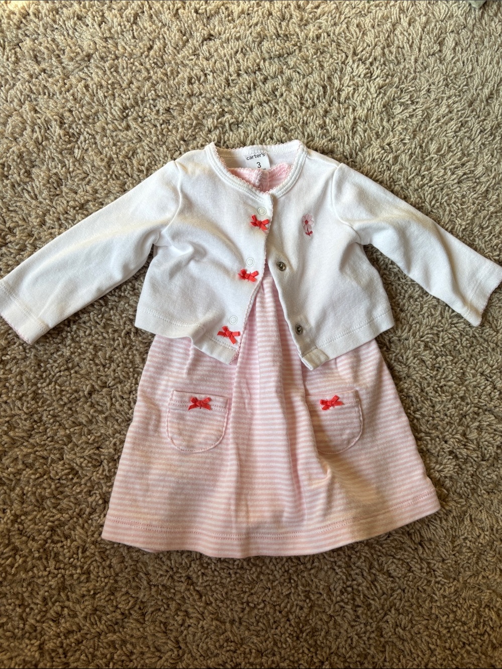 Carter's Pink Striped Dress with White Cardigan and Coral Bows